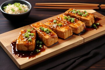 teriyaki tofu steaks on a bamboo serving tray