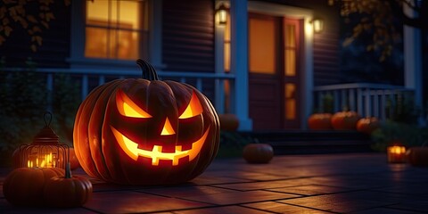 Enchanting halloween. Glowing jack o lantern. Spooky pumpkin lantern with house. October charm. Carved pumpkin grins