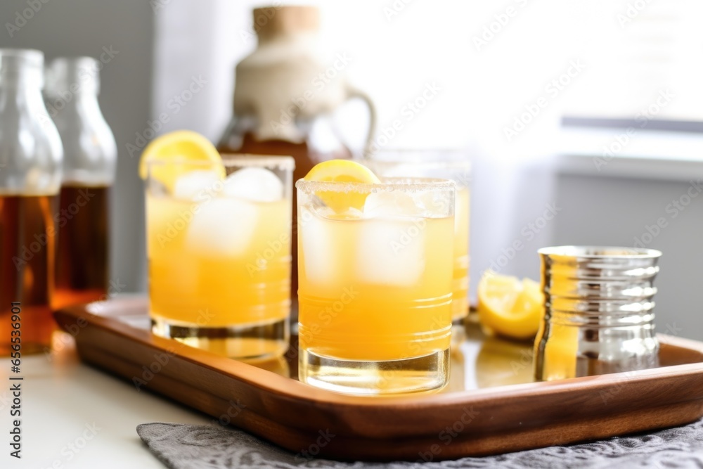 Wall mural whiskey sour on a tray with whisky bottles in the background