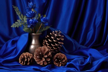 pinecone props arranged on a royal blue silk drape