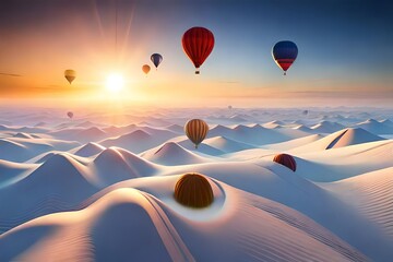 hot air balloons in differnt color flying above lakes and mountain touching the blue sky and cloud  