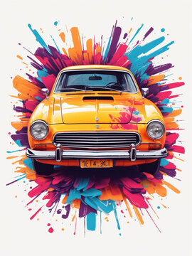 Retro car with colorful splash background,  ai generative