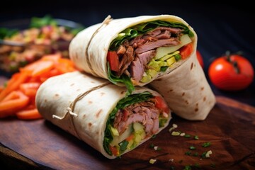 close-up of fresh vegetables and meat stuffed in a shawarma wrap