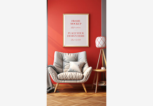 Christmas New Year Frame Mockup: Red Wall Room with Chair, Table, Lamp, and Painting Frame Mockup Christmas New Year