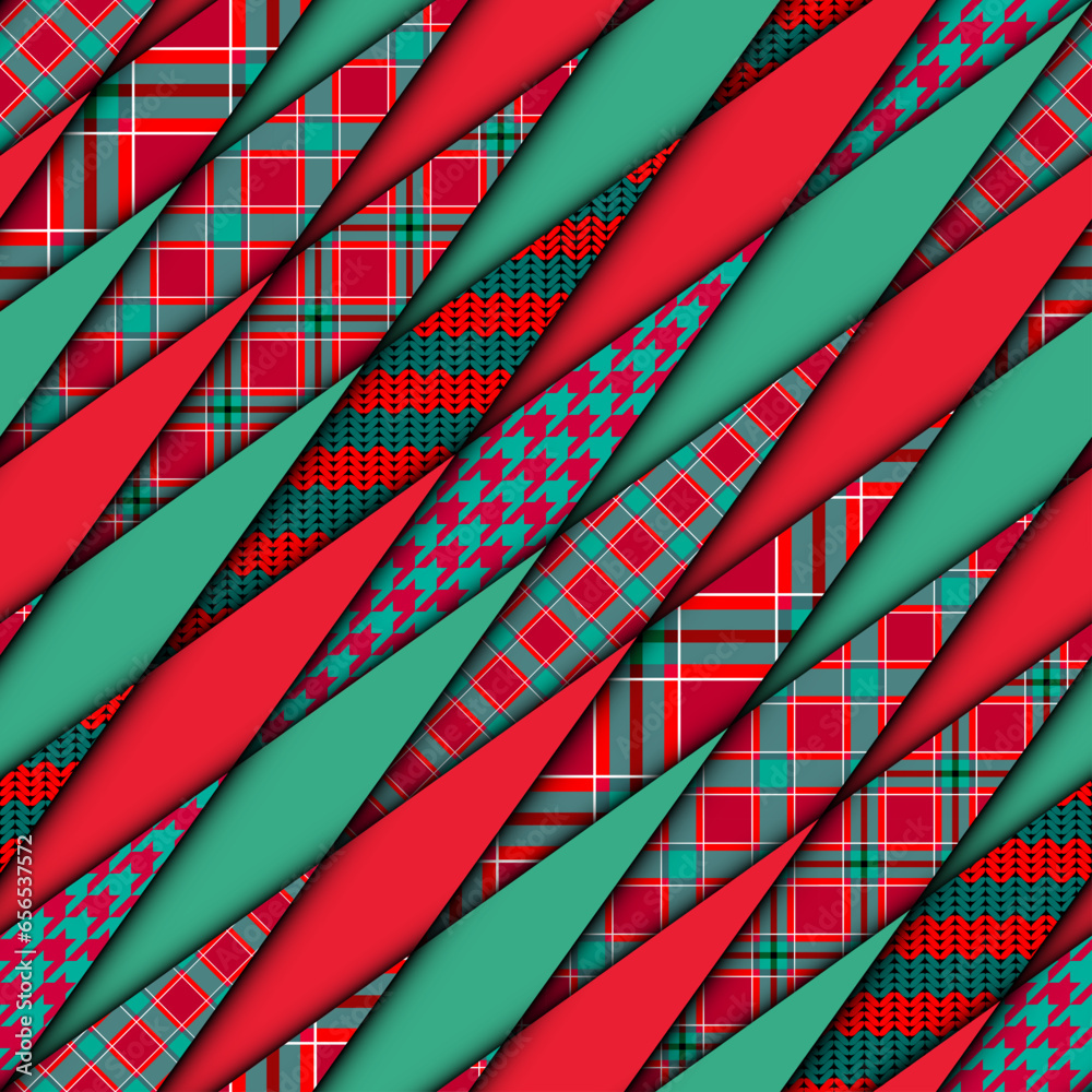 Poster Patchwork textile pattern. Seamless quilting design background. Merry Christmas cozy pattern.