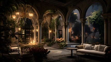Panoramic view of the garden at night. 3D rendering