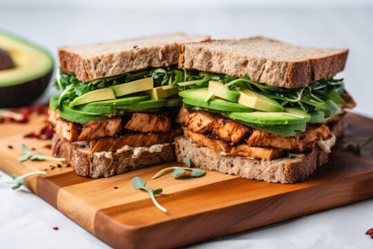 vegan sandwich with smoked tempeh and avocado