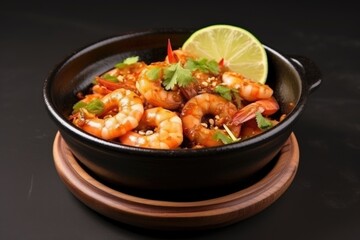Fototapeta premium shrimp with chili lime mix on dark ceramic dish