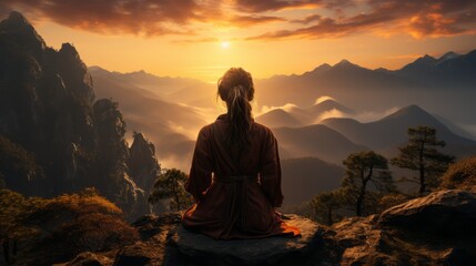 Young Woman Meditating on a Mountaintop at Sunset