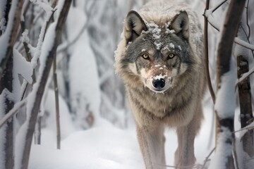 a wolf prowling carefully through snowy woods