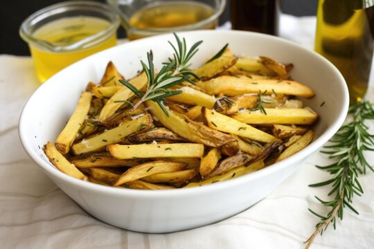 fries with truffle oil in a white porcelain bowl