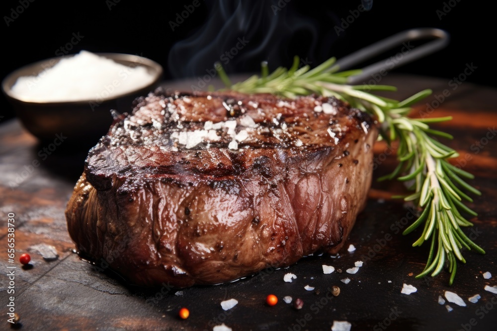 Sticker grilled sirloin steak garnished with rosemary and salt