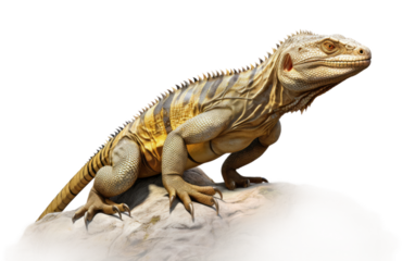 Beautiful Black Monitor Lizard Sitting on Stone on White Transparent Background.