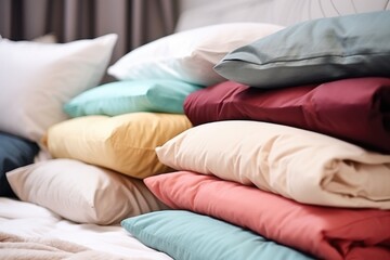 pile of various sleeping pillows on a bed