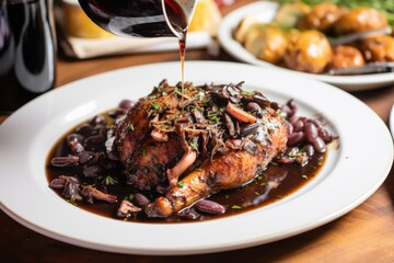 dishing up coq au vin onto a white plate