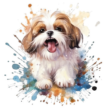 Playful shih tzu dog, running. Watercolor illustration, isolated