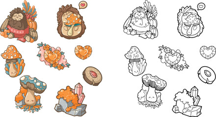 bundle of autumn items : mushrooms, hedgehog, crystal, wood, moss, rock, gems, pumpkin, plants nice design for logo, patch,  icon, illustration for coloring books, kawaii and cute 