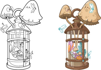Terrarium in a lantern with mushrooms, pumpkin, crystals, plants - outlines, contours - nice design for logo, patch,  icon, illustration for coloring books, kawaii and cute 