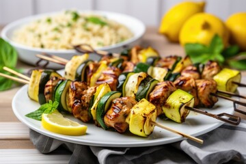 skewer set with chicken thighs and zucchini - obrazy, fototapety, plakaty