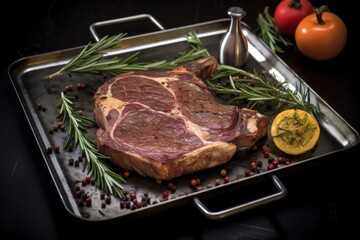 t-bone steak on a metal tray with rosemary sprigs