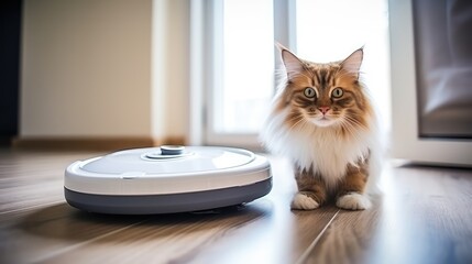 Funny cat looking on the robot with a vacuum cleaner in the living room at home with sofa. Rides the cleaner on wooden floor.