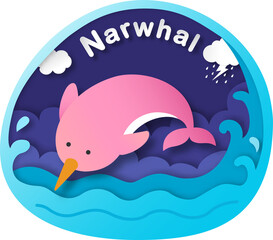 Alphabet Letter N-narwhal paper cut concept