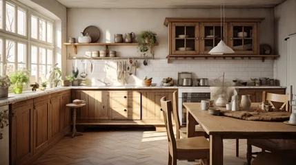 Fototapeten Interior of kitchen in rustic style. White furniture and wooden decor in bright cottage indoor. © zayatssv