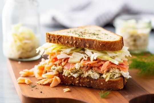 homemade sandwich with fermented sauerkraut on white bread