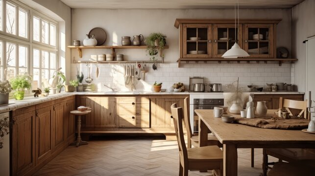 Interior of kitchen in rustic style. White furniture and wooden decor in bright cottage indoor.