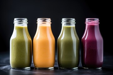 three different coloured smoothies in glass bottles on black granite