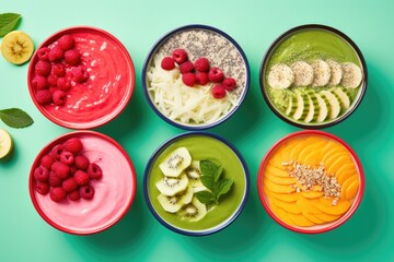 colorful smoothie bowls arranged on bright coloured backgrounds