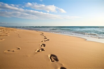 a line of footprints in the sand leading to the ocean