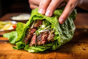 hand wrapping grilled burger in a lettuce leaf - obrazy, fototapety, plakaty