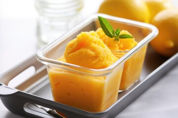 shot of orange sorbet in an open gelato container - obrazy, fototapety, plakaty