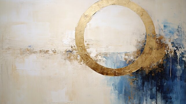 Generative AI, Blue, golden and ivory white colors, circle shapes vintage painting background. Grunge old oil impasto painted wall texture