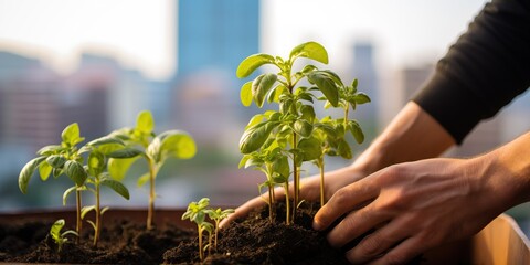 Close-up of hands, planting a small sapling in an urban balcony garden, surrounded by high-rise buildings, concept of Growth - obrazy, fototapety, plakaty