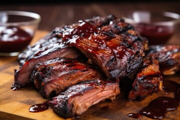 close-up of hickory smoked ribs with barbecue sauce applied