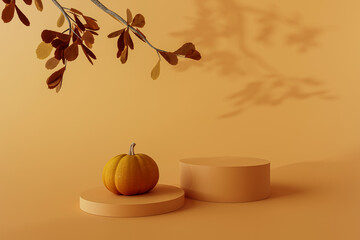 3D podium with pumpkin and tree shadow. Mockup for beauty  products and cosmetics.3D rendering