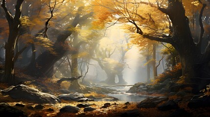 Digital painting of a forest in autumn with fog and sunbeams