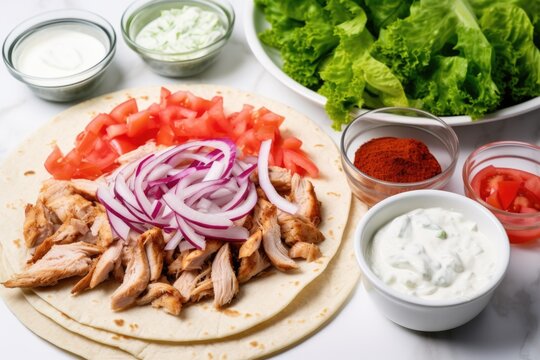 making gyros with tzatziki sauce, lettuce, tomatoes, and onions