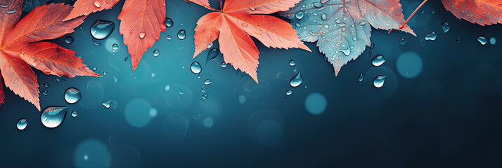 Beautiful autumn background with red-orange autumn leaves on a blue background with raindrops. - obrazy, fototapety, plakaty