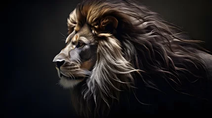 Foto op Aluminium un lion de profil sur fond noir, généré par IA © Marvin Dgn