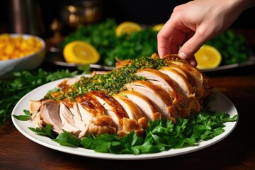 hand garnishing marinated turkey with parsley on plate - obrazy, fototapety, plakaty