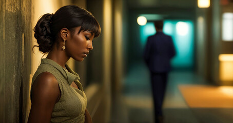 African American young beautiful woman standing against the wall, breaking up man walking away - Powered by Adobe
