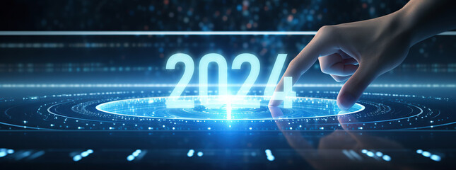 2024年スタートのスイッチを押す指 - obrazy, fototapety, plakaty