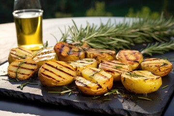 grilled potatoes with rosemary on a stone tray