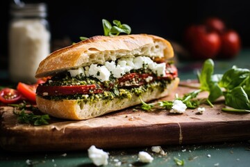 baguette sandwich with pesto, sundried tomato, and goat cheese