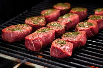 raw venison steaks on grill before cooking process - obrazy, fototapety, plakaty