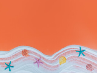 Top view of summer beach decoration on orange background, copy space for text
