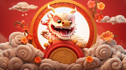 Chinese new year Festival cute 3D dragon cartoon, AI generated